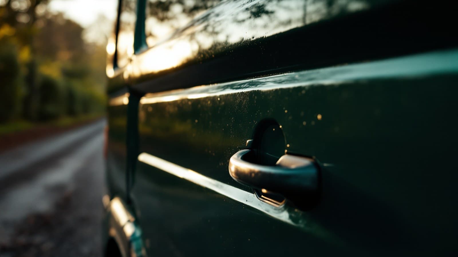Close-up of a Marley Moves removal van panel showing green livery, polished steel handle, with an English country lane backdrop