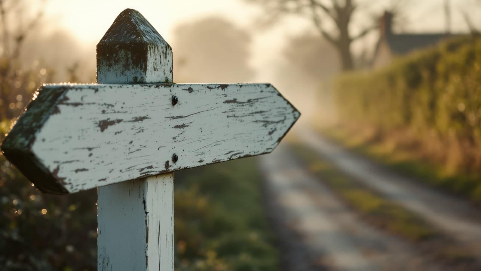 A weathered country fingerpost on a misty Dorset lane in golden afternoon light, hawthorn hedgerow behind