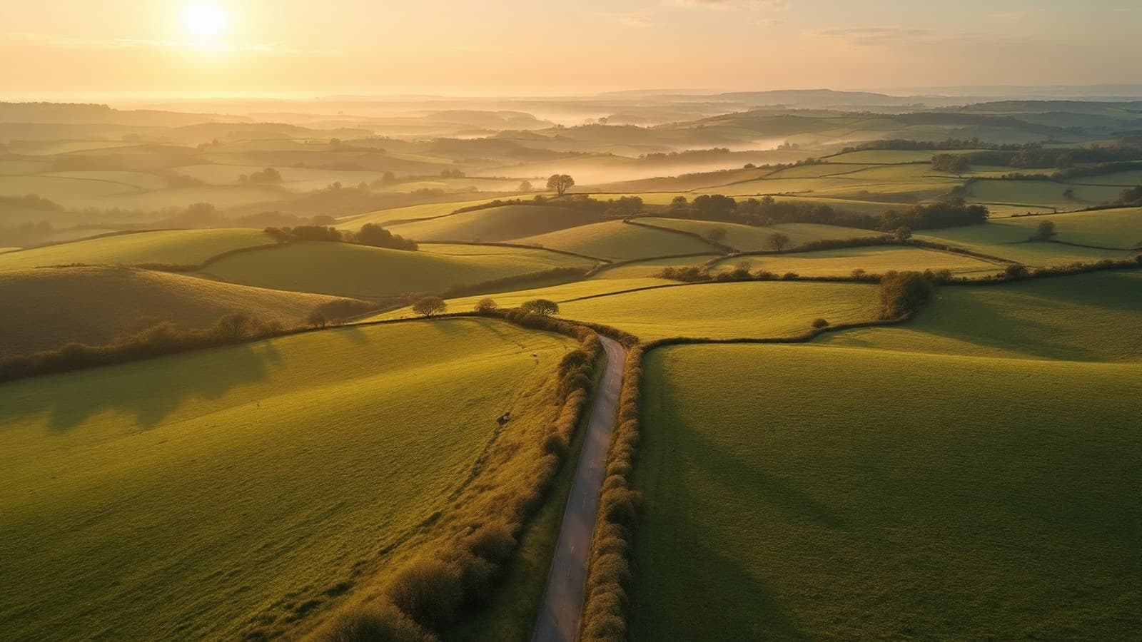 Wide rolling-hills view of the Blackmore Vale at golden hour, patchwork fields and hedgerows, a single country lane winding into mist