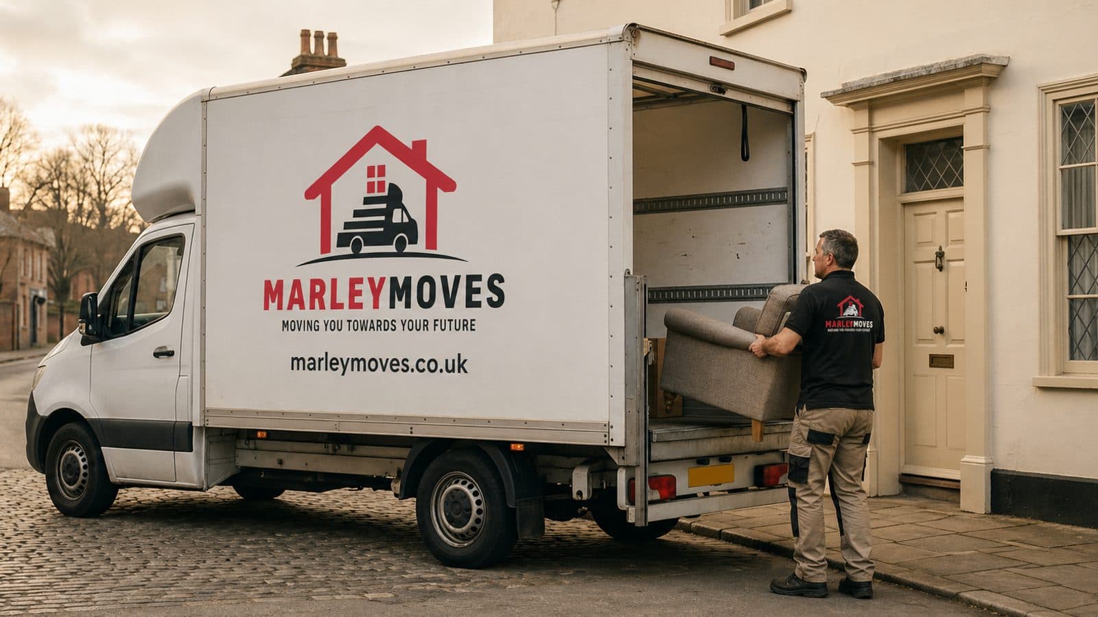 Marley Moves branded Luton van parked on a cobbled English village street, one Marley Moves crew member in a branded polo loading furniture from the open back of the van, the south-coast routing we run weekly into BH and DT postcodes