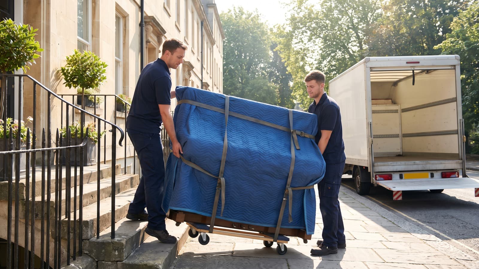 Two removal crew carefully lowering a blanket-wrapped upright piano on a piano dolly down the front steps of a Georgian terraced house, with a Luton van waiting at the kerb