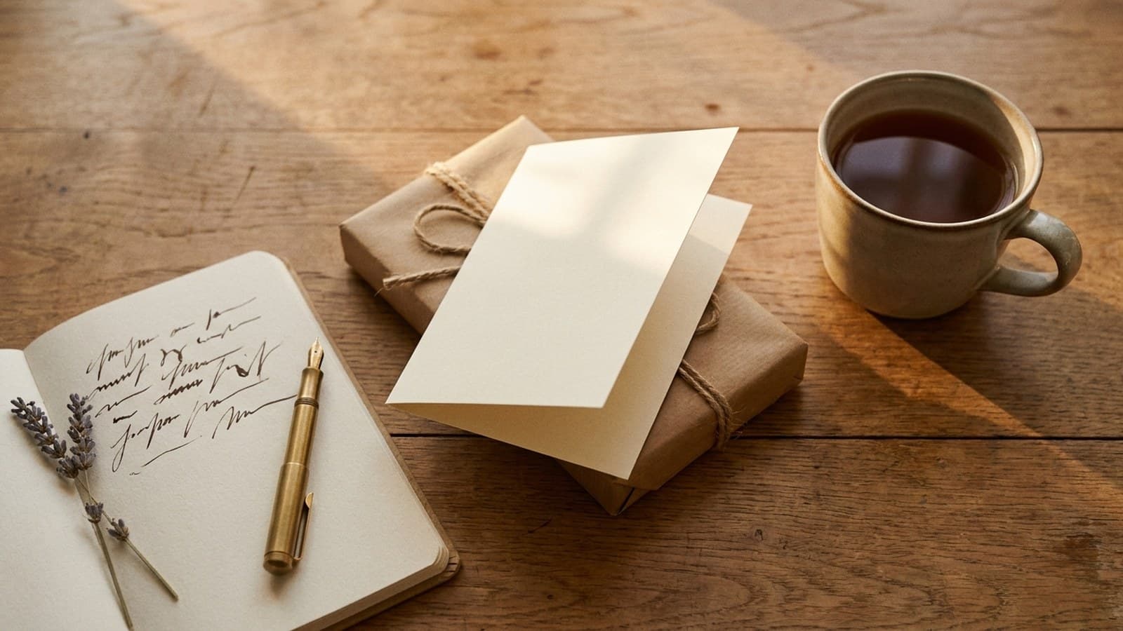 Flat-lay of a thank-you card propped on a kraft-wrapped gift, an open notebook, and a stoneware mug in warm afternoon light