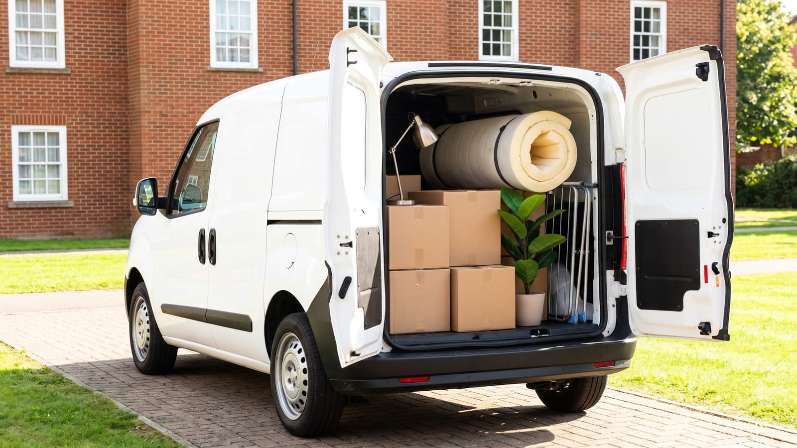 The open back of a small van loaded with neatly stacked cardboard boxes, a rolled mattress topper and a desk lamp, parked outside a red-brick university hall of residence
