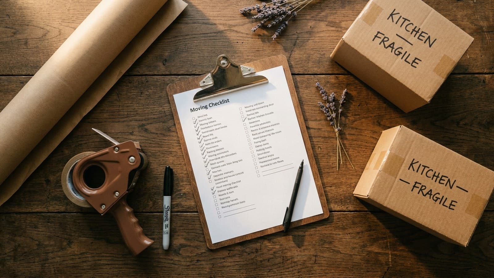 Top-down flat-lay of a moving checklist on a clipboard, packing tape, marker pen, and a sealed cardboard box labelled fragile