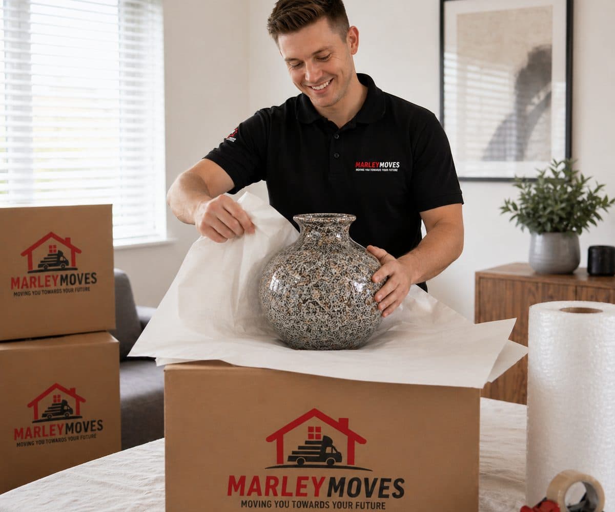 Marley Moves crew member in a branded black polo carefully wrapping a ceramic vase in white acid-free paper at a warm wooden cottage kitchen table, the methodical pack we run across Dorset, Somerset and Wiltshire