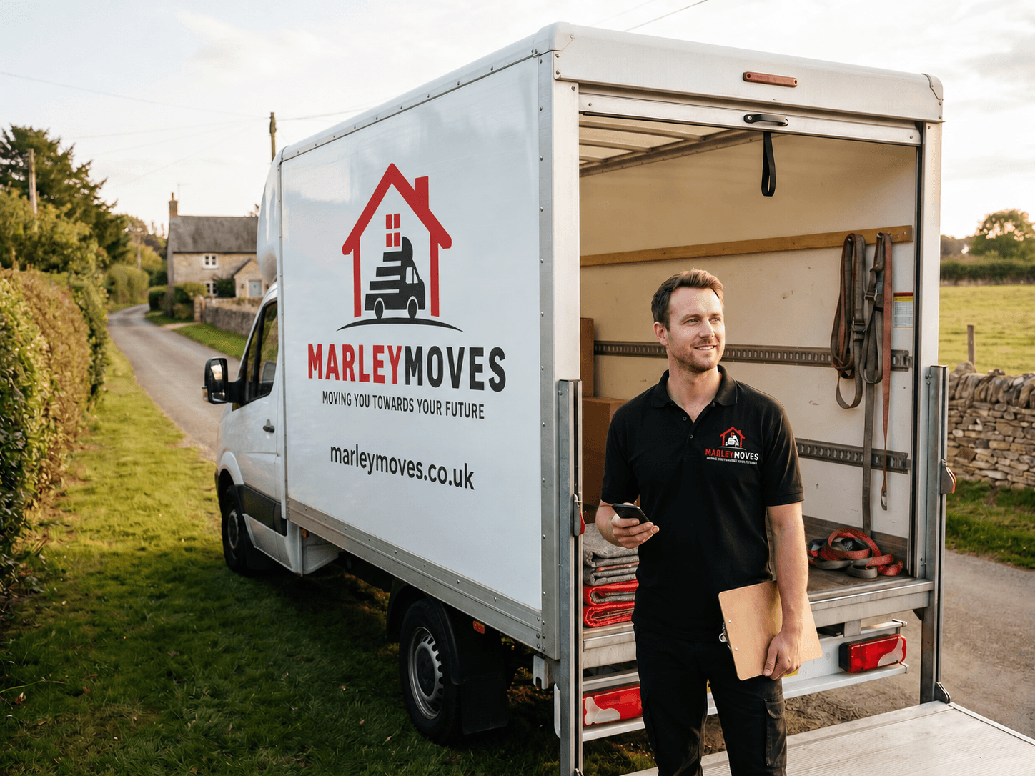 Marley Moves branded Luton parked at a country lane, back doors open, crew member in a branded polo on the phone with clipboard, the responsive same-day man-and-van service