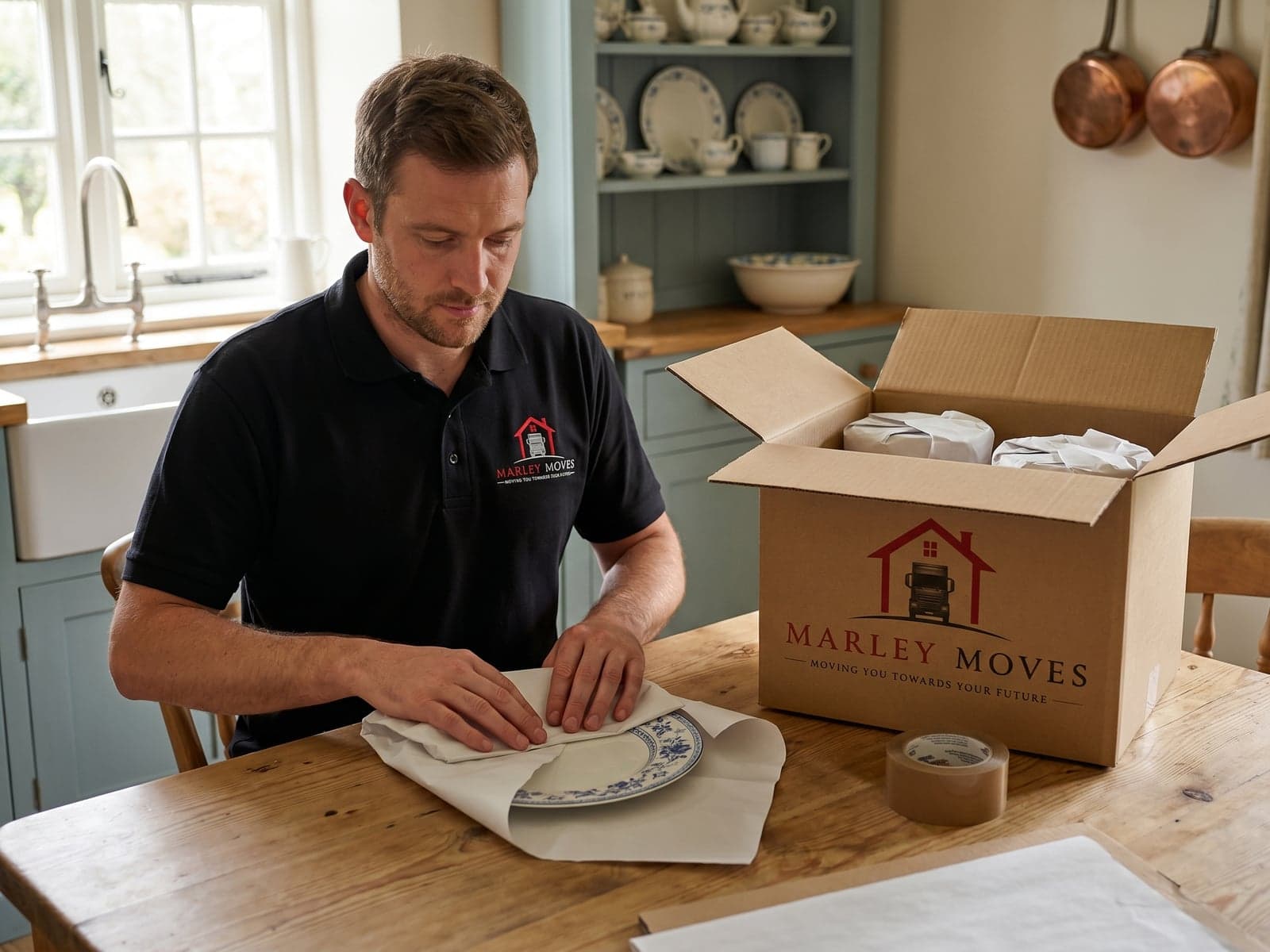 Marley Moves crew member in a branded black polo wrapping kitchen china at a cottage table, methodical packing detail showing what's in scope on a packing service booking