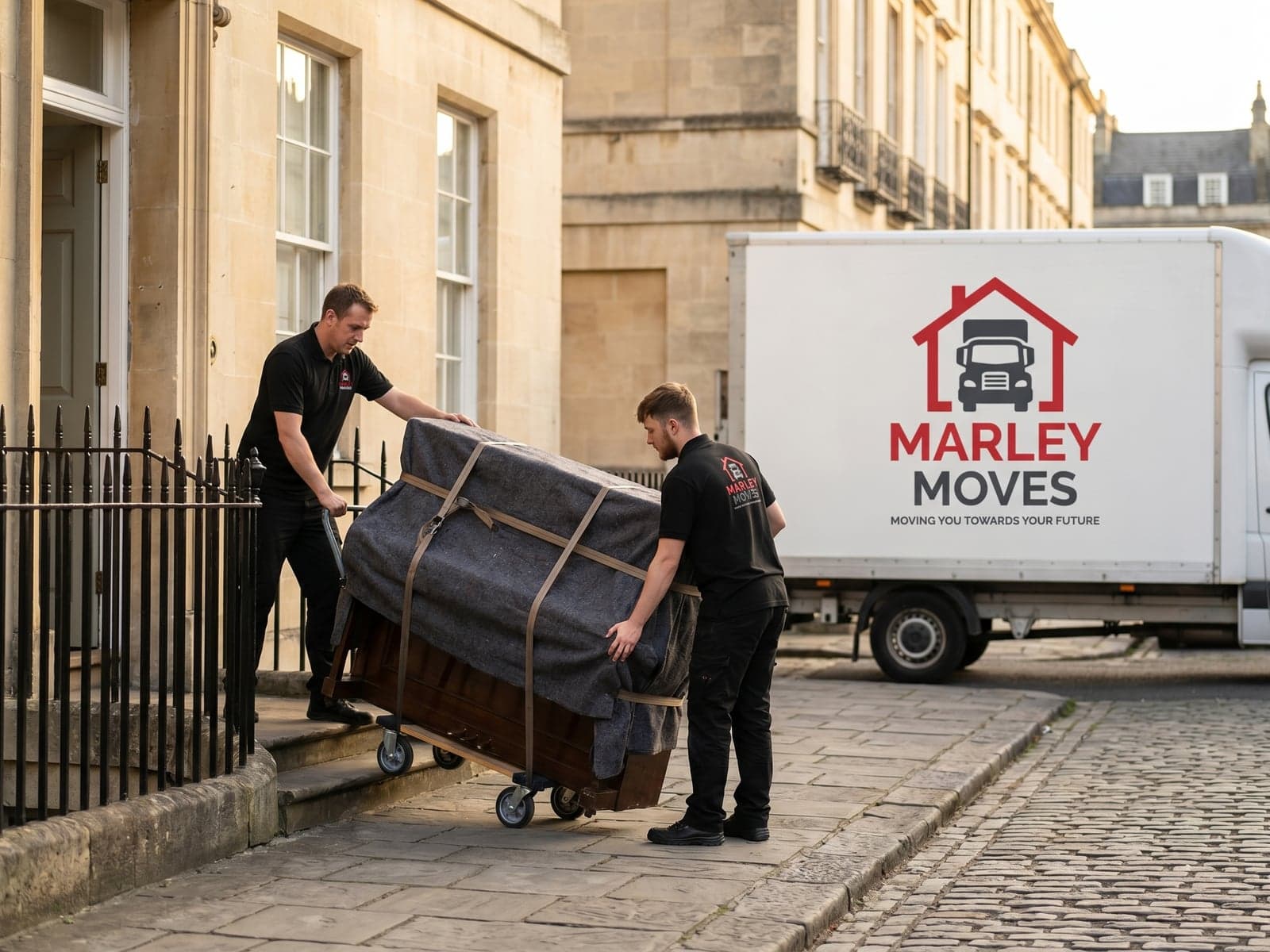 Two Marley Moves crew members in branded polos manoeuvring a blanket-wrapped piano on a dolly down English Georgian terrace steps, branded Luton kerbside