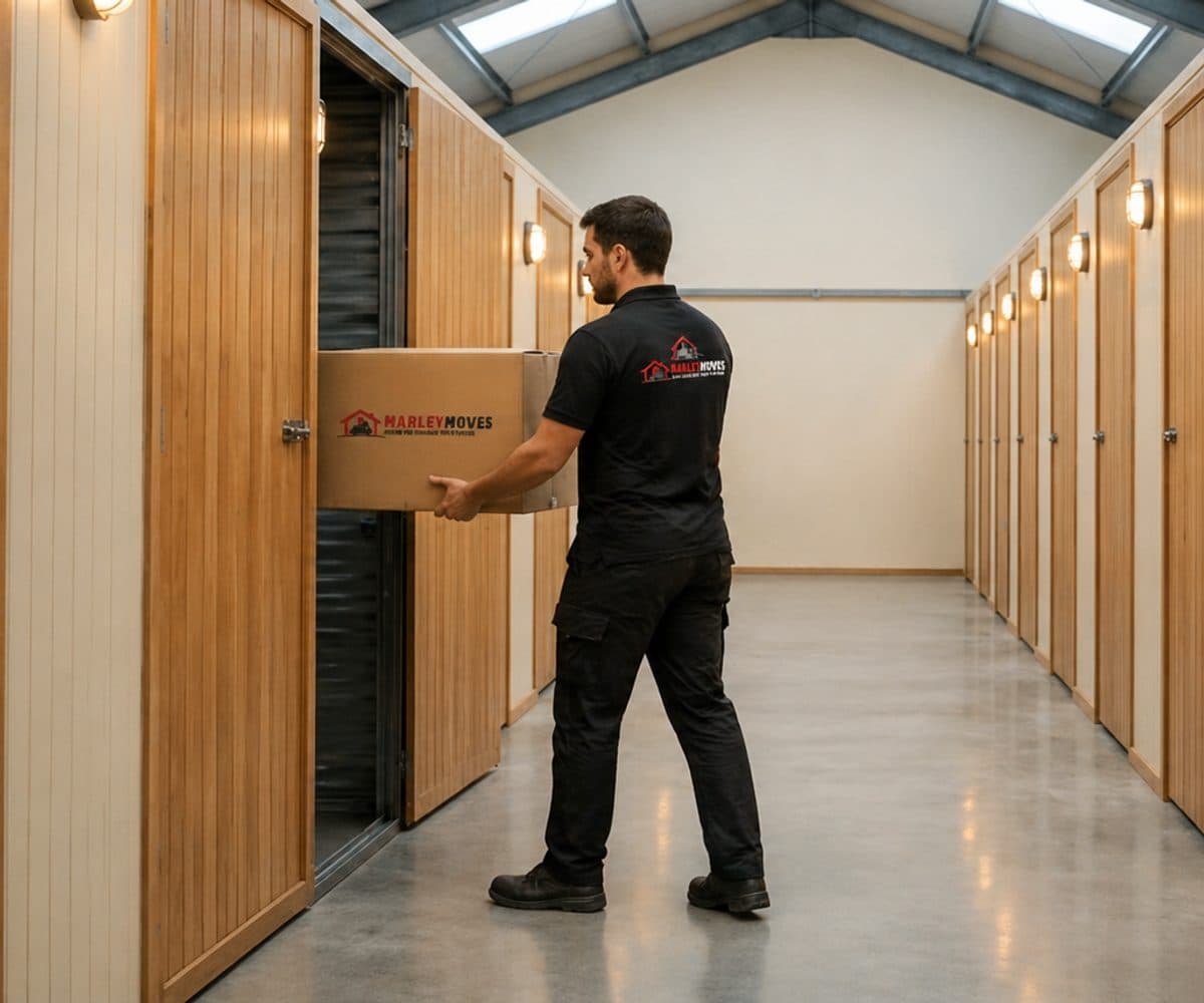 Marley Moves crew member in a branded black polo carrying a Marley Moves branded box into a clean self-storage unit, the in-house team that handles your storage from collection through to re-delivery
