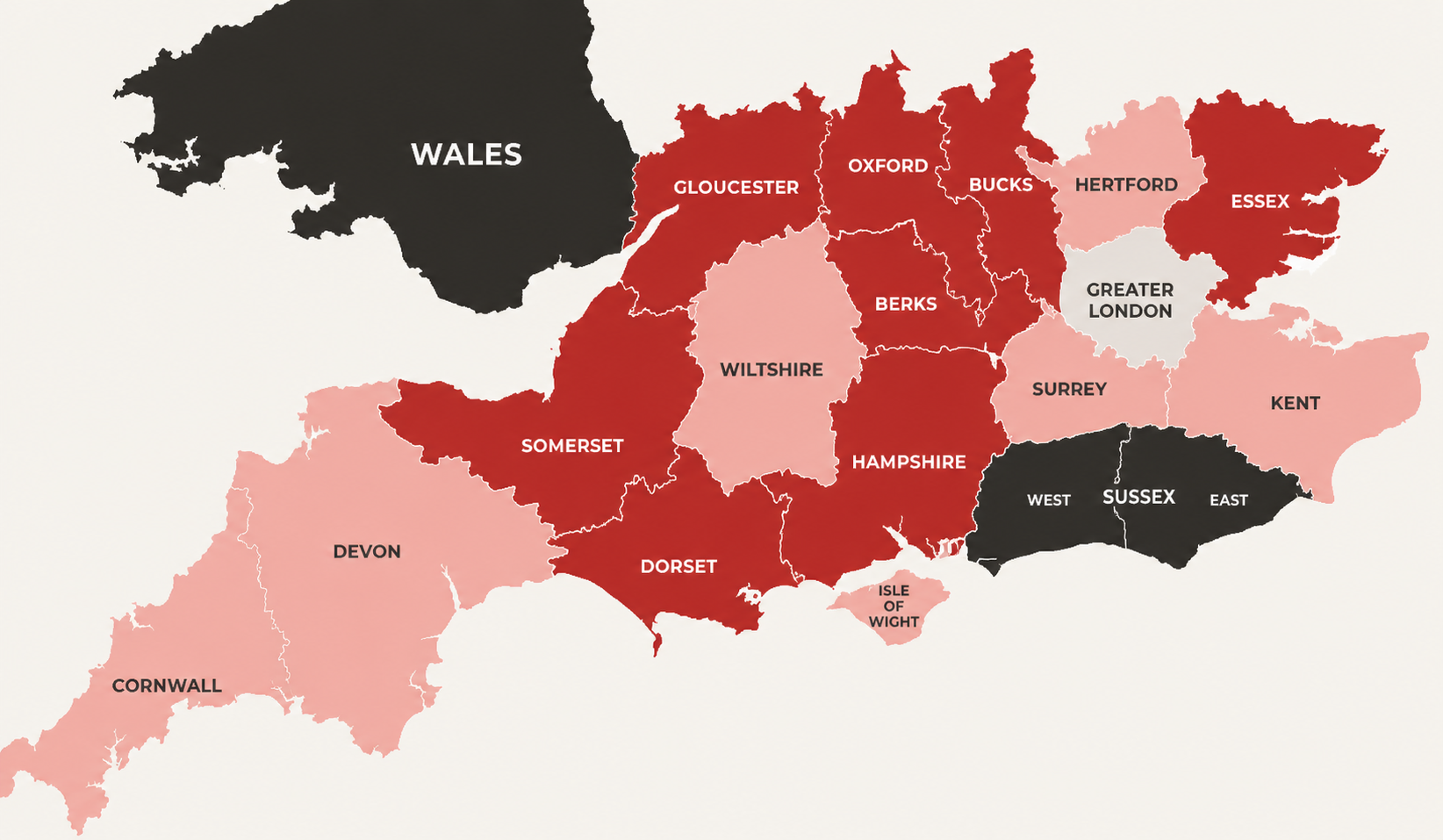 Marley Moves coverage map of the south of England, showing the patch we cover across Cornwall, Devon, Somerset, Dorset, Wiltshire, Hampshire, Isle of Wight, Gloucestershire, Oxfordshire, Buckinghamshire, Berkshire, Hertfordshire, Greater London, Surrey, Sussex, Kent and Essex.